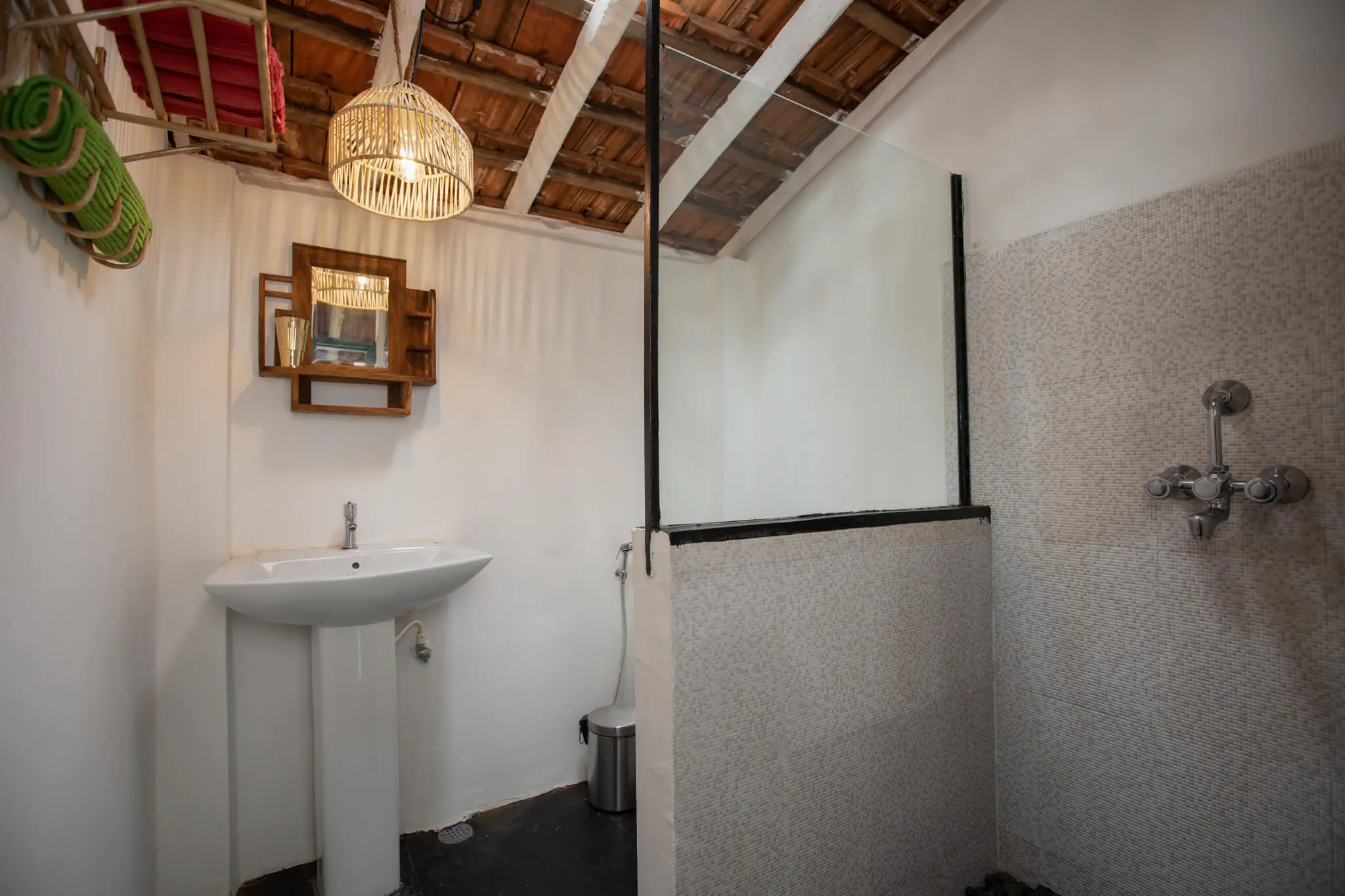 Sea View Family Room at Casa Jaali — simple stone bathroom