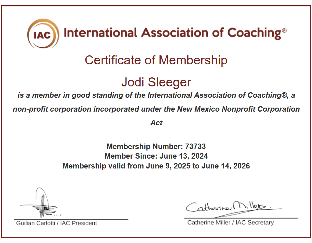 International Association of Coaching Certificate of Membership Jodi Sleeger