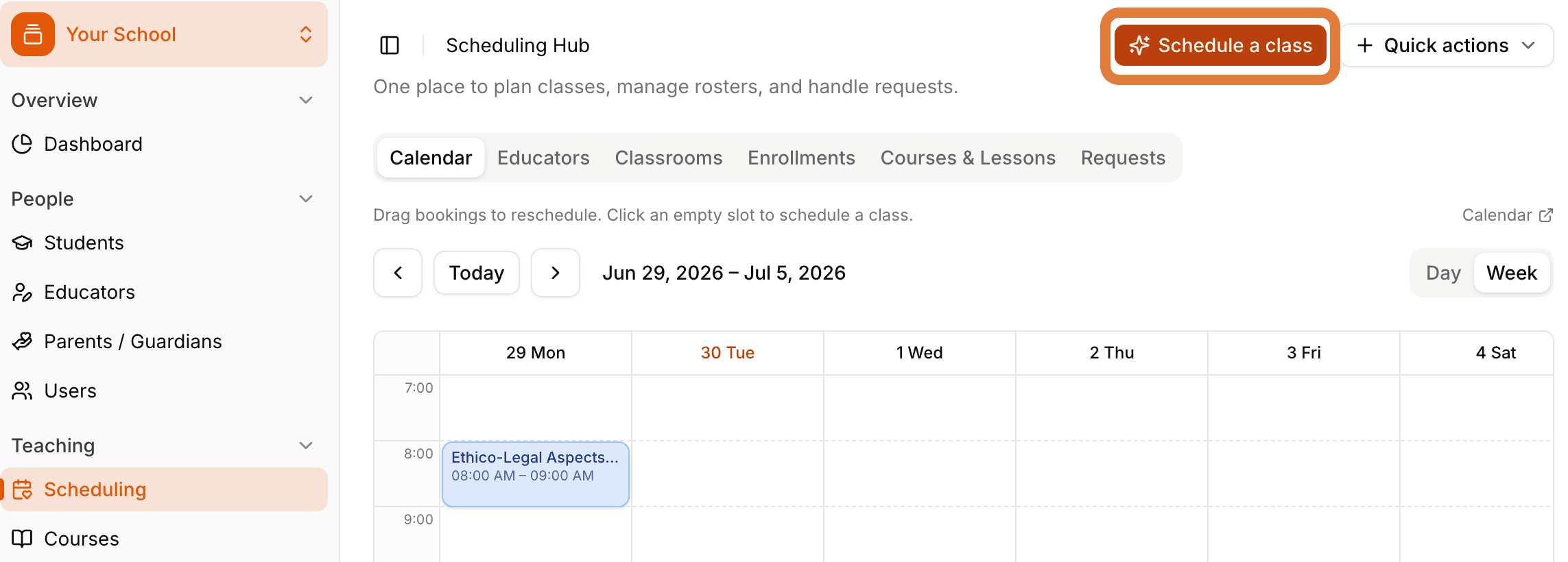 Scheduling page and classes list