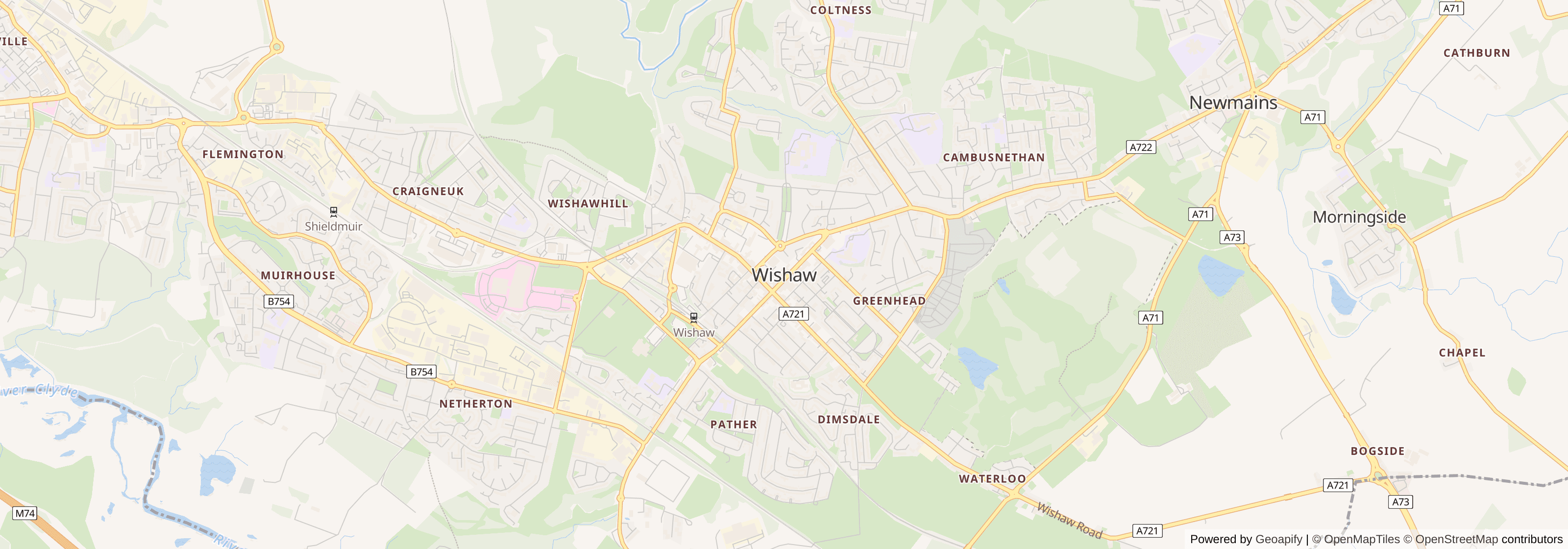 Street map of Wishaw, North Lanarkshire showing main roads and nearby areas