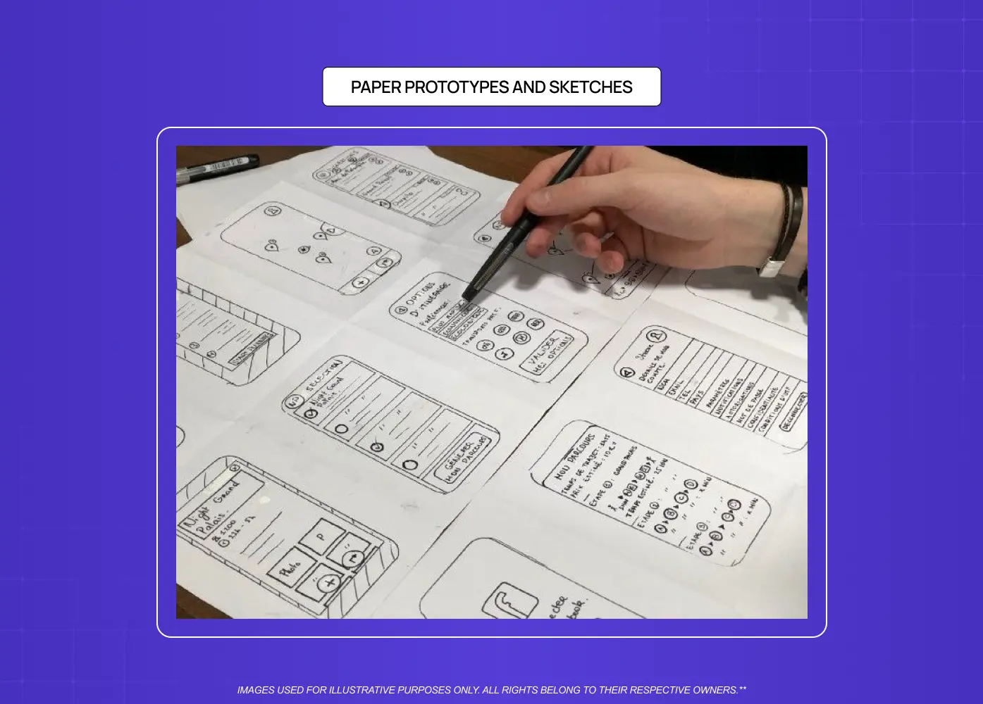 Hand-drawn mobile app interface sketches on paper, with a designer pointing to different screen layouts during the early ideation stage.