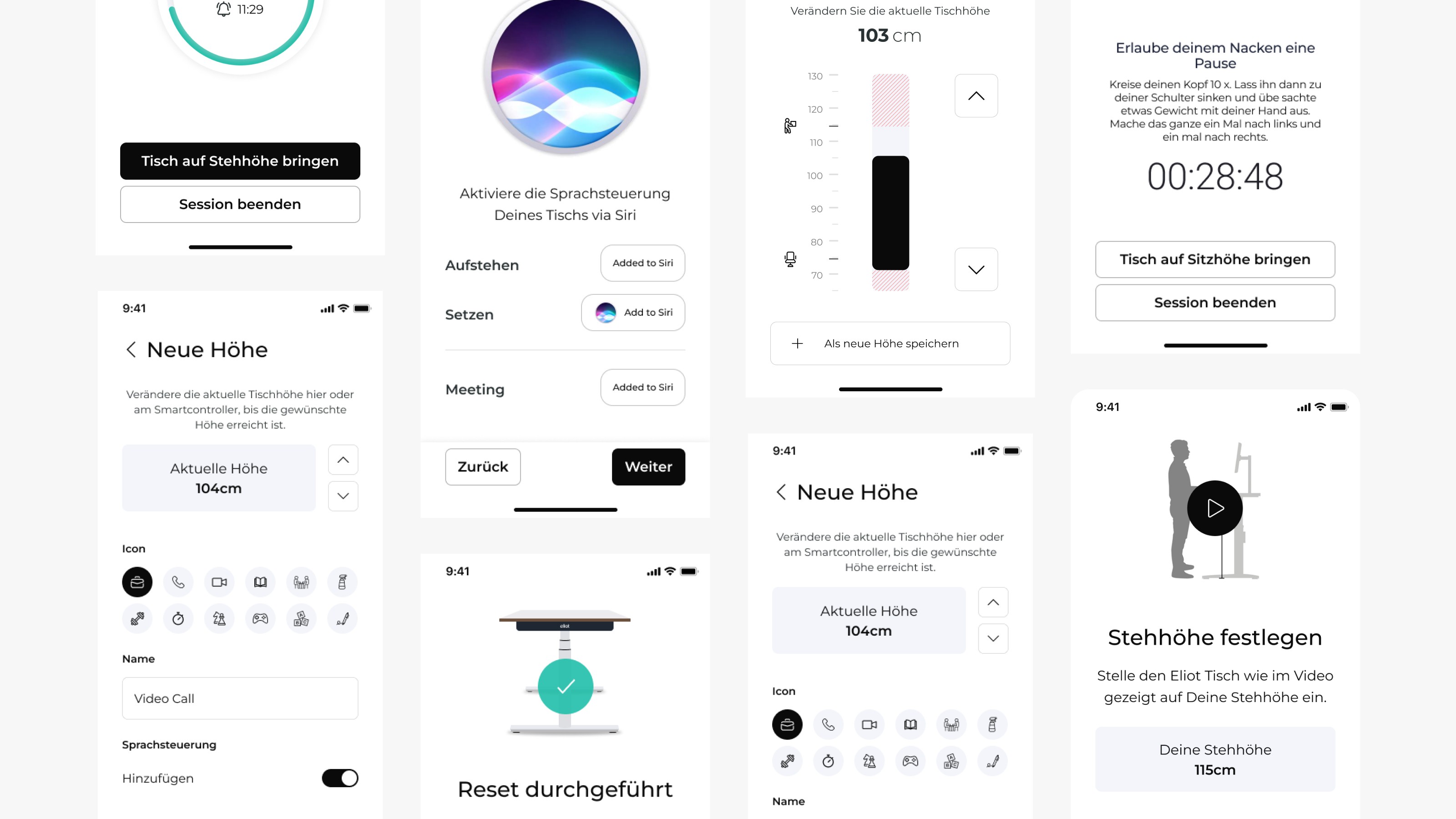 Verschiedene Screenshots einer App für einen höhenverstellbaren Schreibtisch mit Sprachsteuerung, Erinnerungen und Einstellungen.