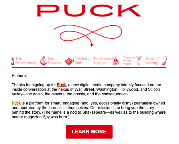 Puck News welcome email adds to their email marketing strategy