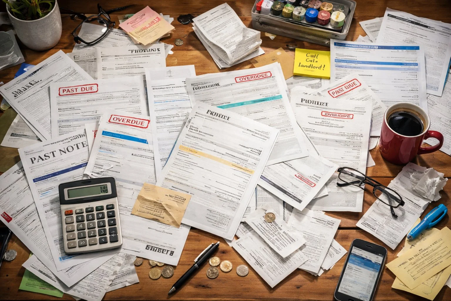Messy desk cluttered with personal and rental bills, unpaid invoices, and scattered receipts.