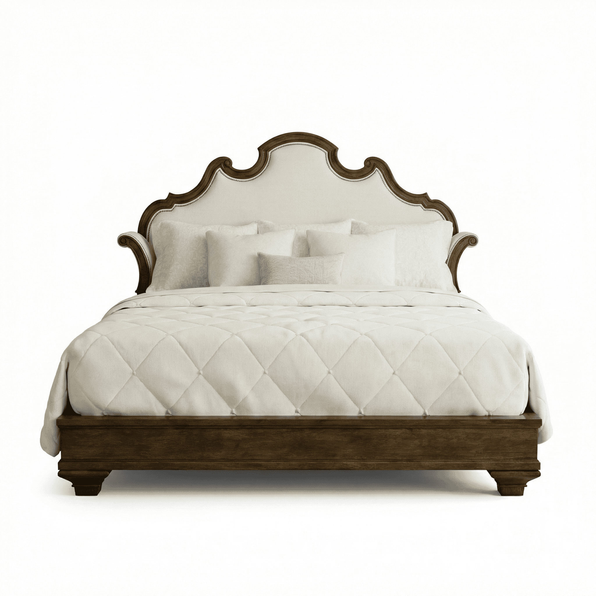 Traditional bed with scalloped upholstered headboard and sturdy wooden structure