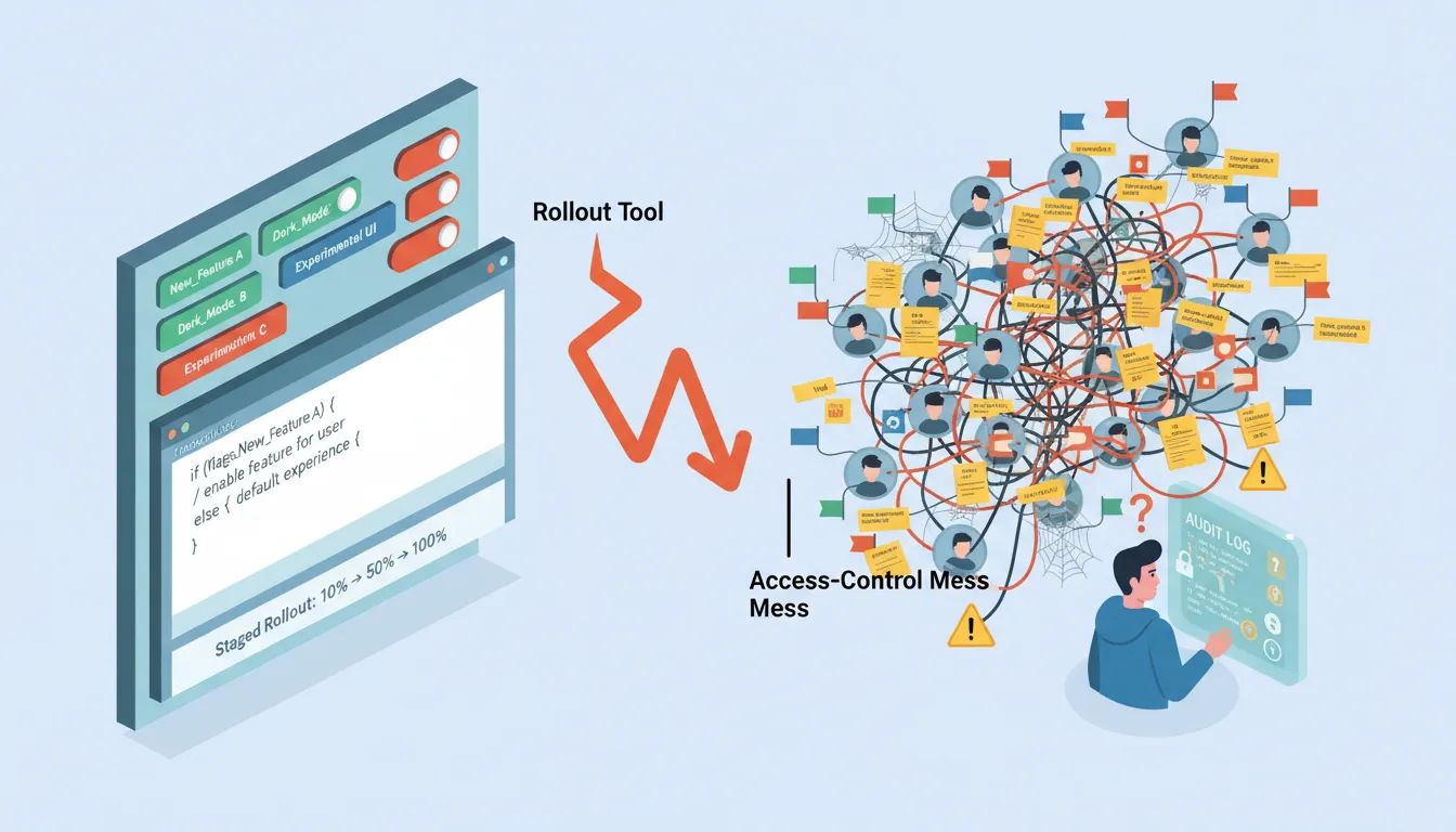 Isometric vector illustration showing tidy feature toggles turning into a tangled entitlement system with warning icons and sticky notes