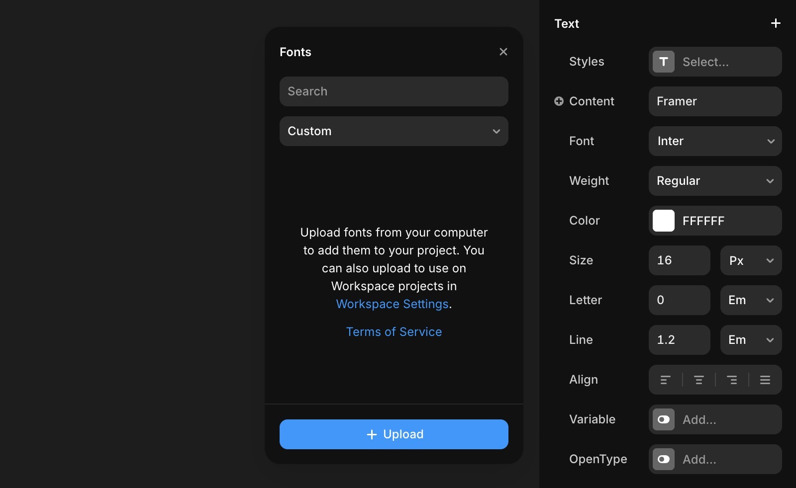 图像显示一个图形设计软件界面,包含字体和文本面板,提供可自定义的字体、大小、颜色、对齐方式和样式选项,允许用户从电脑上传字体并在项目中使用。