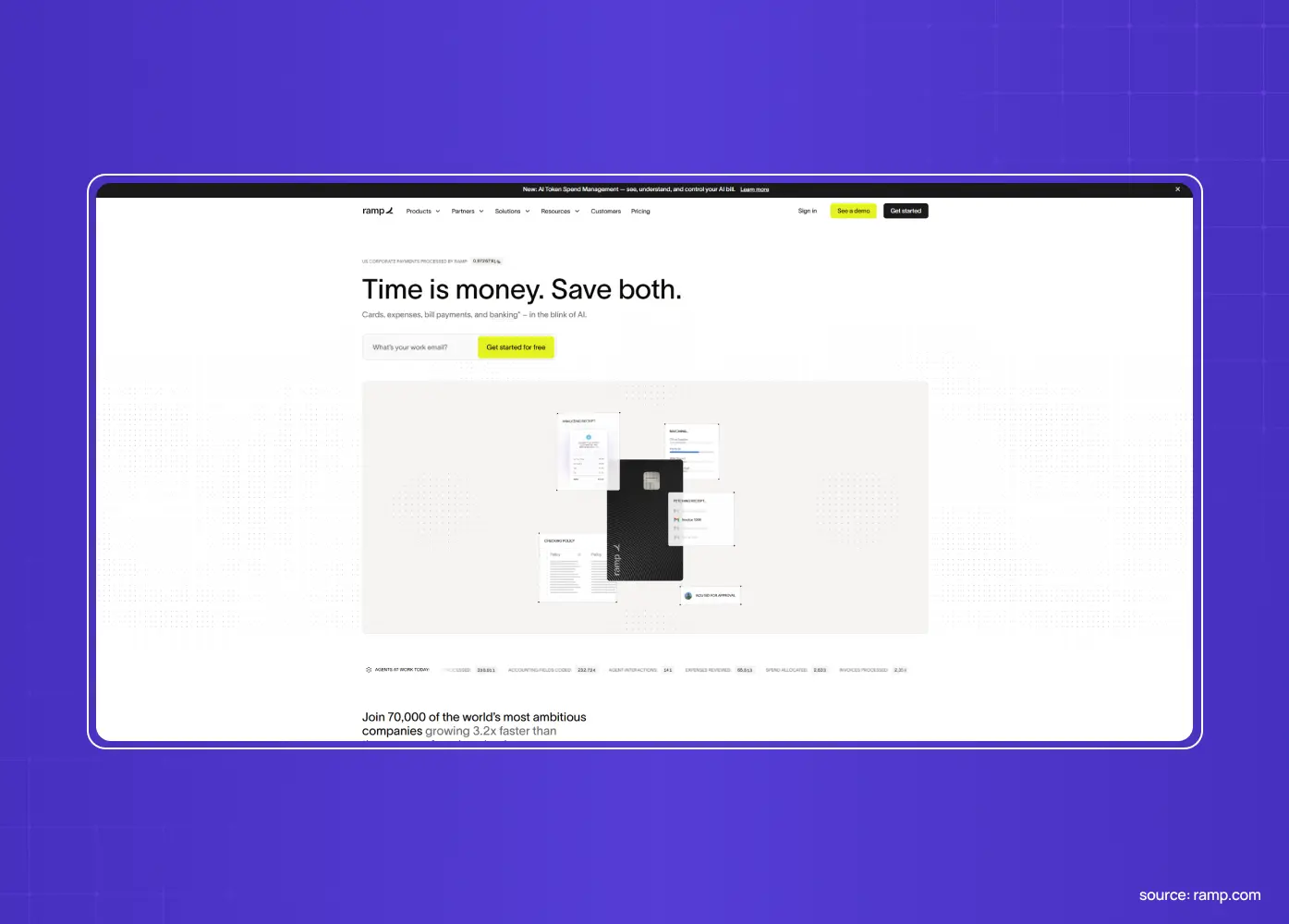 Ramp website homepage featuring the headline “Time is money. Save both.” with a visual of financial workflow cards.