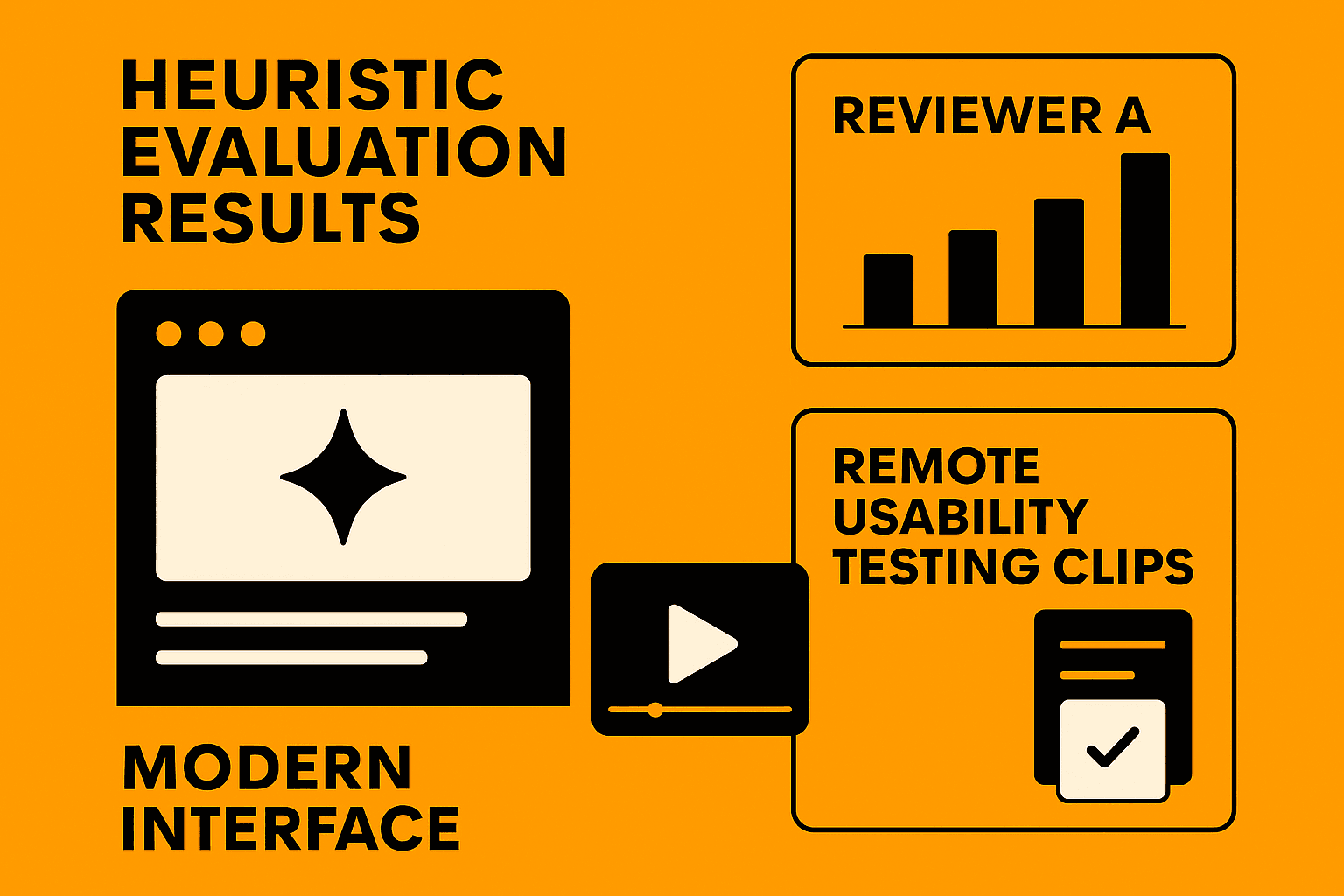 Dashboard displaying heuristic evaluation results, reviewer alignment scores, and remote usability testing recordings