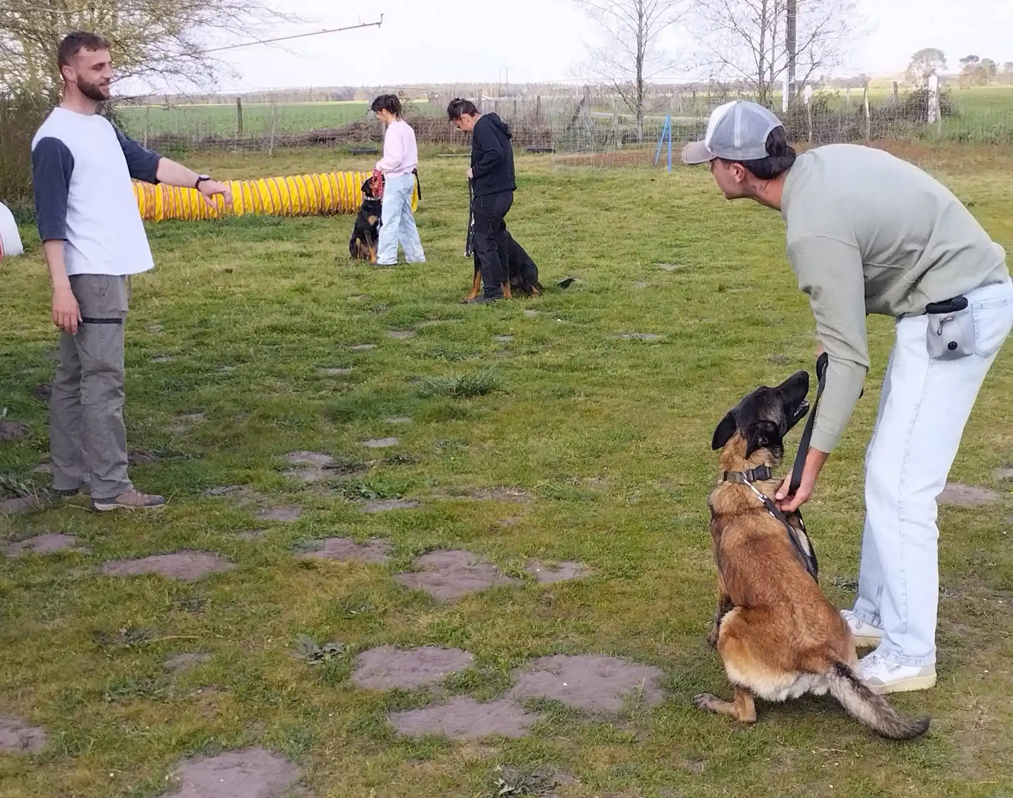 un court d'education collective, ou on aperçois un propritaire d'un malinois et deux autre binome maitre chien.