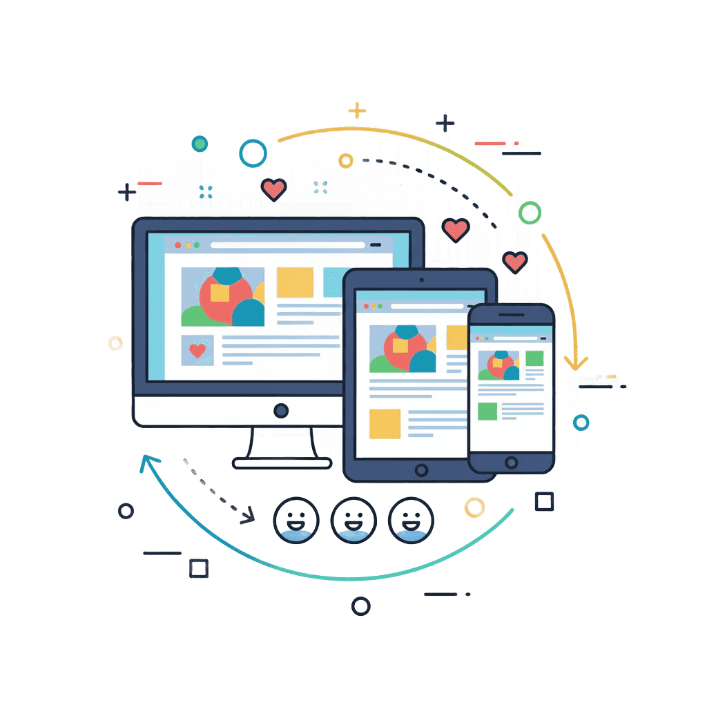Icon representing a seamless user experience across a desktop computer, tablet, and smartphone, with positive feedback faces and an arrow showing smooth flow.