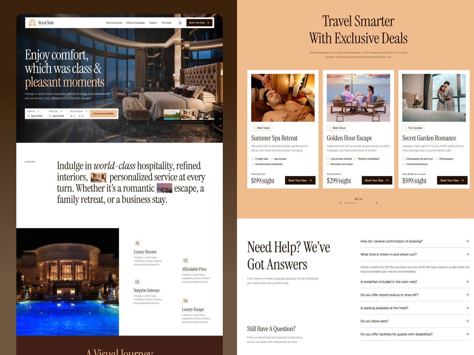 RoyalSuits luxury hotel and resort website template designed in Framer