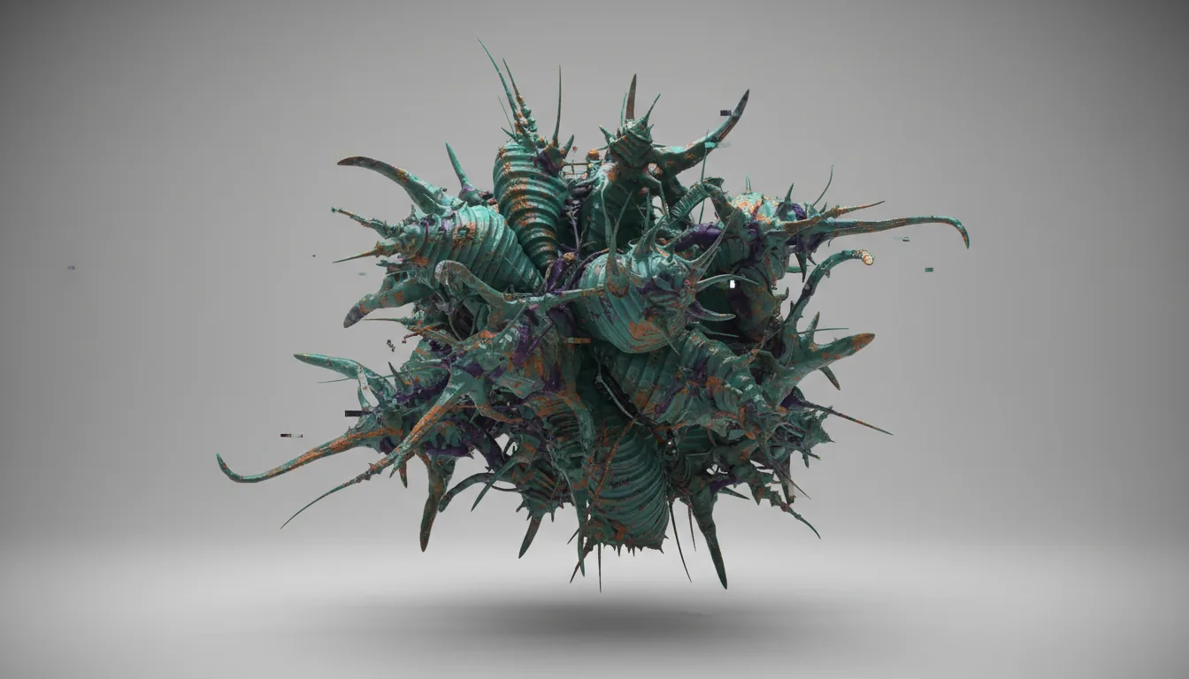 A complex abstract 3D generative sculpture in the style of ZBrush and Blender digital art, featuring intertwined organic forms with spiky, rib-like textures and chaotic, flowing shapes. The color palette is a mix of teal, cyan, and muted green with hints of rusty orange and dark purple, rendered with chromatic aberration and subtle digital glitch effects. The object floats against a minimalist, solid light-grey studio backdrop with soft global illumination.