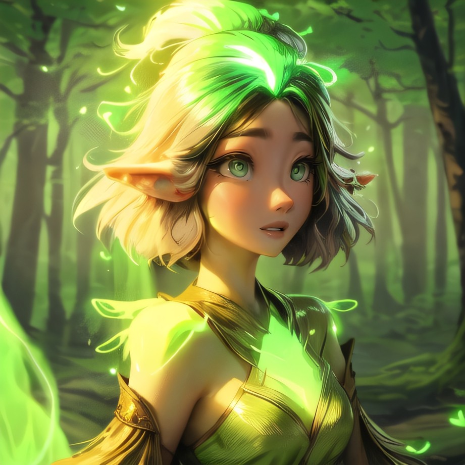 green elven girl in the middle of the forest