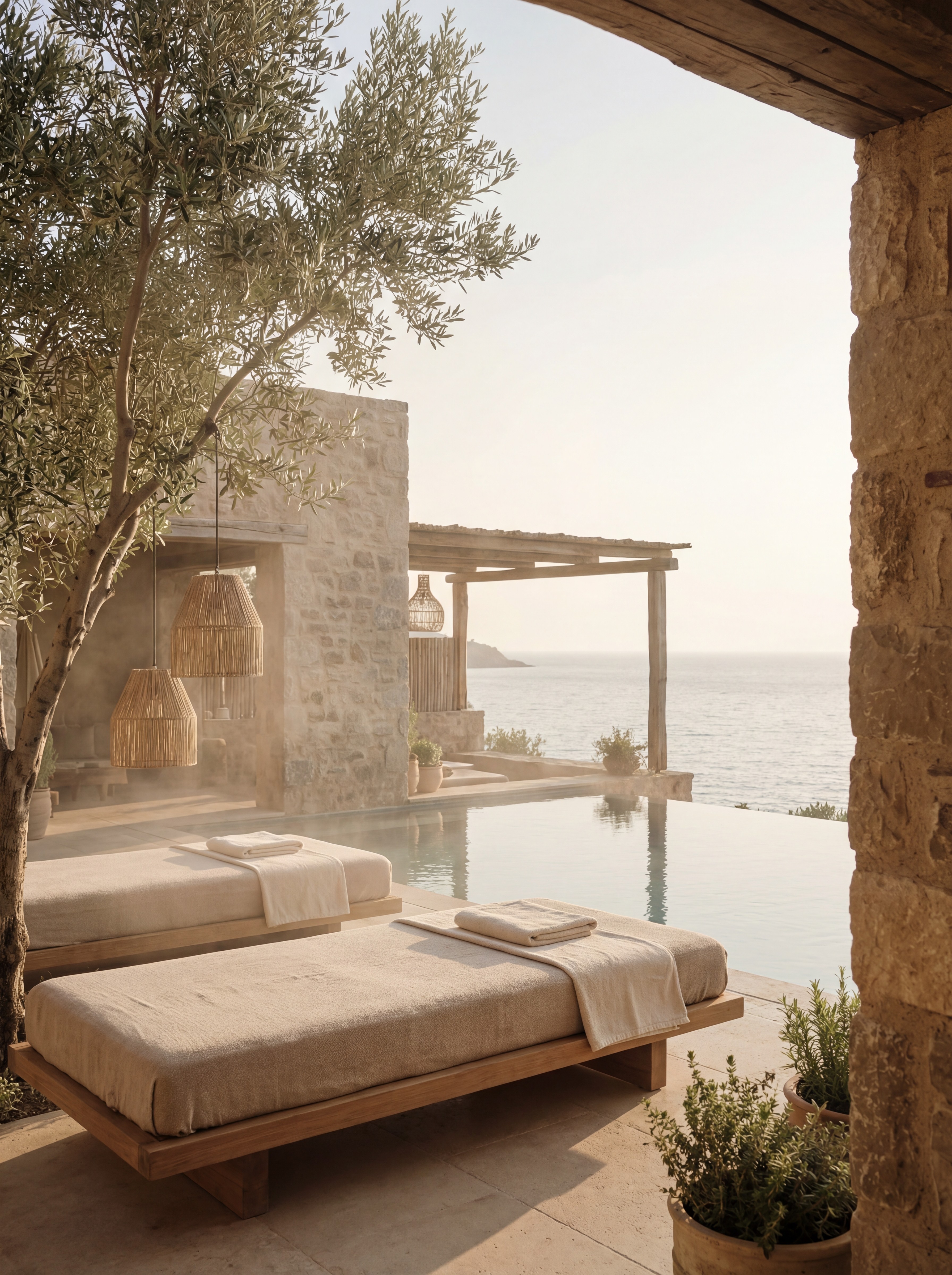 Private villa pool and sunbeds in Bodrum with sea view, wellness and spa setting