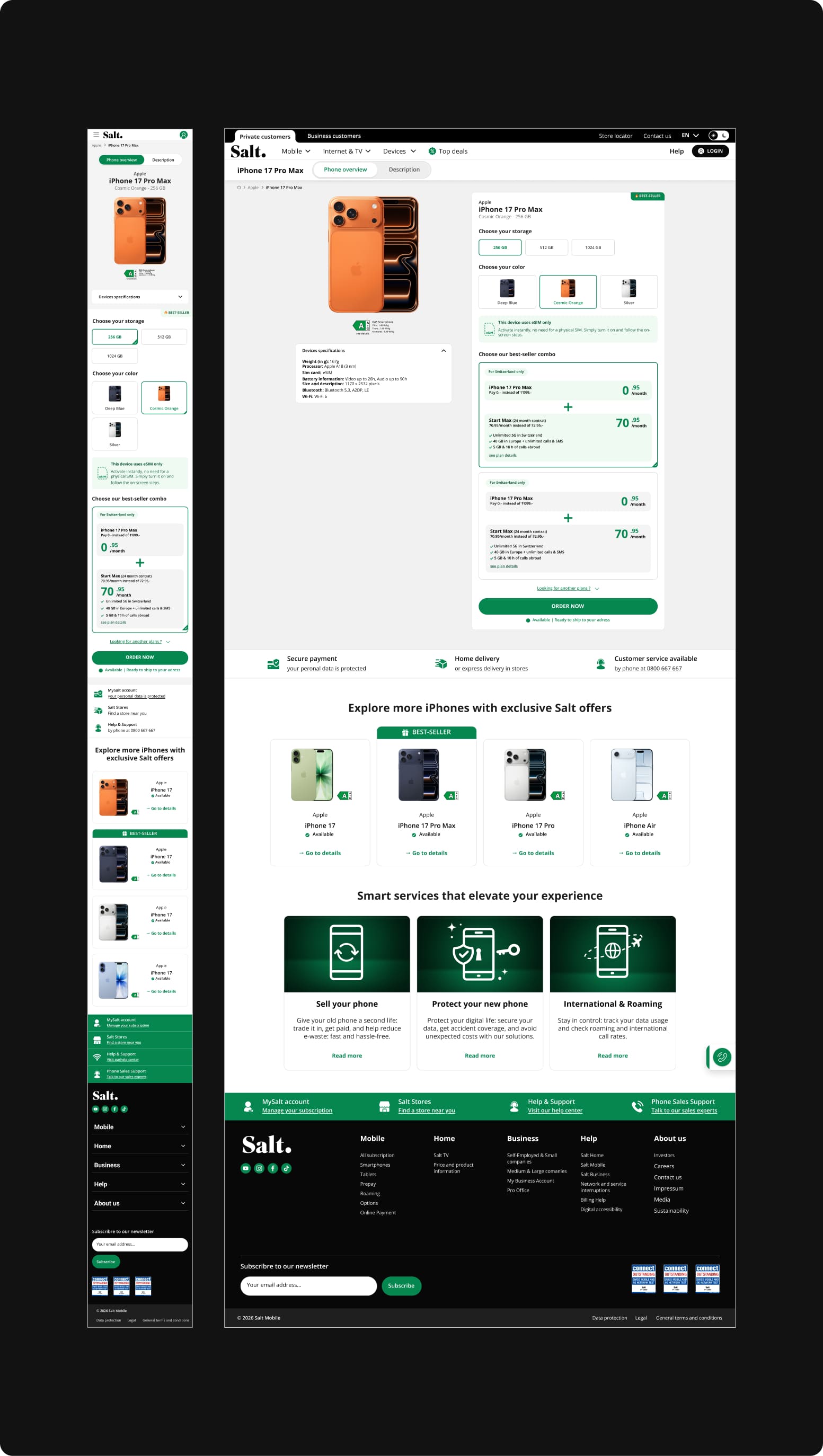 Responsive Salt Mobile product page displaying smartphone configuration options, pricing, and plan combinations across desktop and mobile layouts.