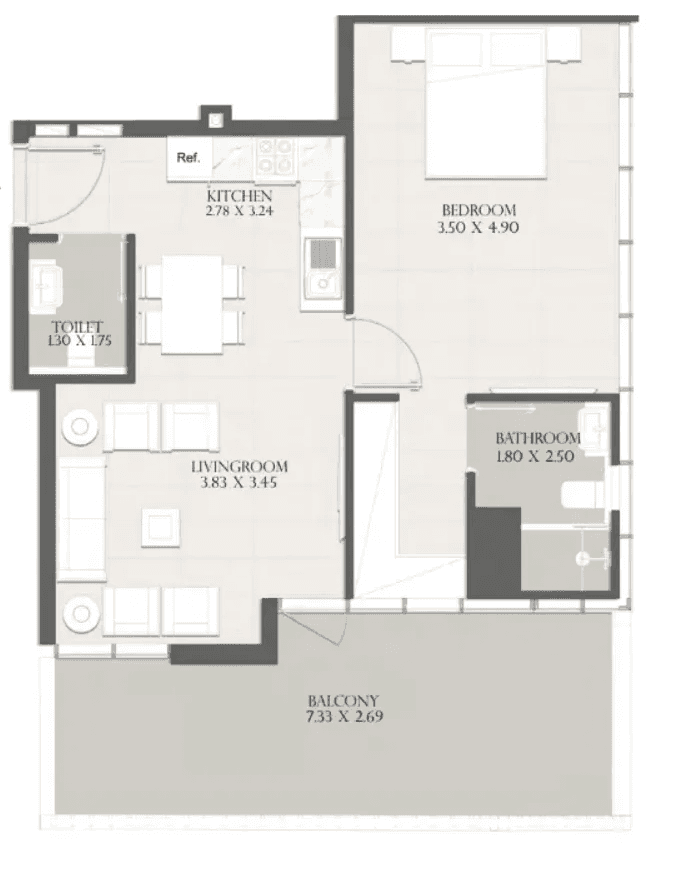Floor plan of Sapphire 32 Residences JVC: detailed schematic layout, designated dining room.