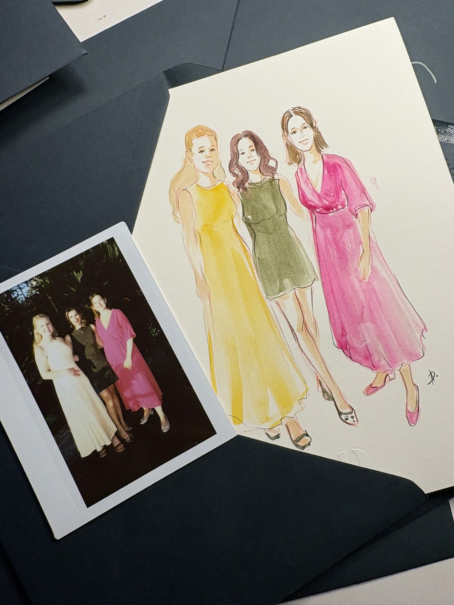 Watercolour group portrait presented with a Polaroid reference and embossed envelope