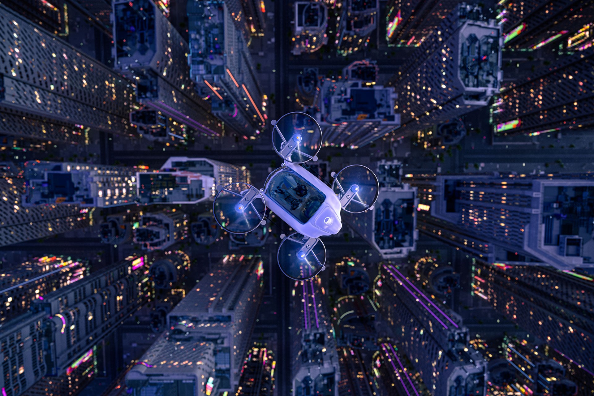 drone over city view