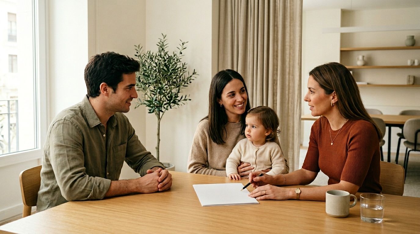 Una pareja joven con su bebé, escuchando atentamente a una asesora durante una reunión familiar.