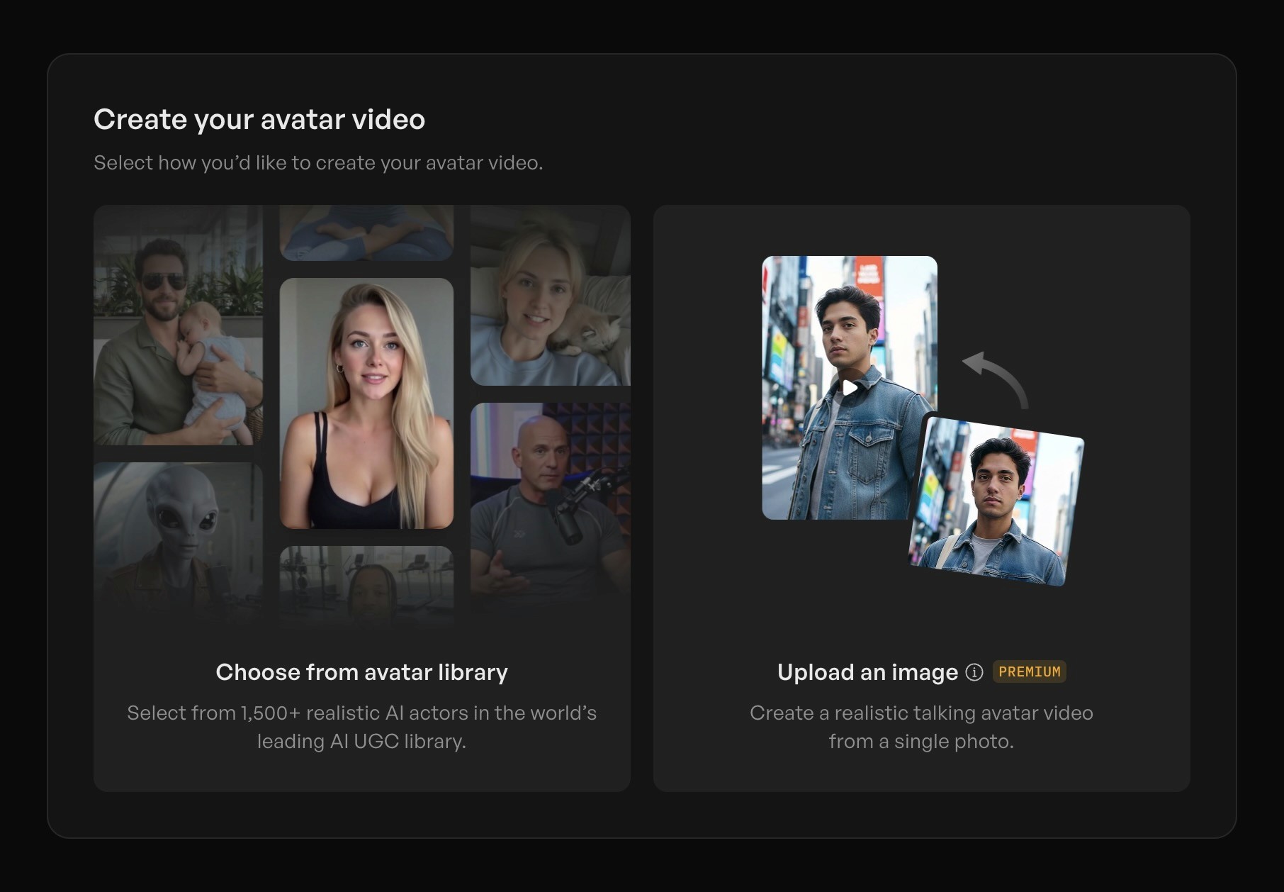 Creatify AI Avatar feature - select from library or create your own avatar from the image
