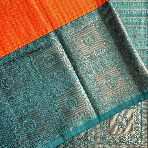 Bright Orange (Teal Green Border) Semi Kanchivaram Art Silk Saree