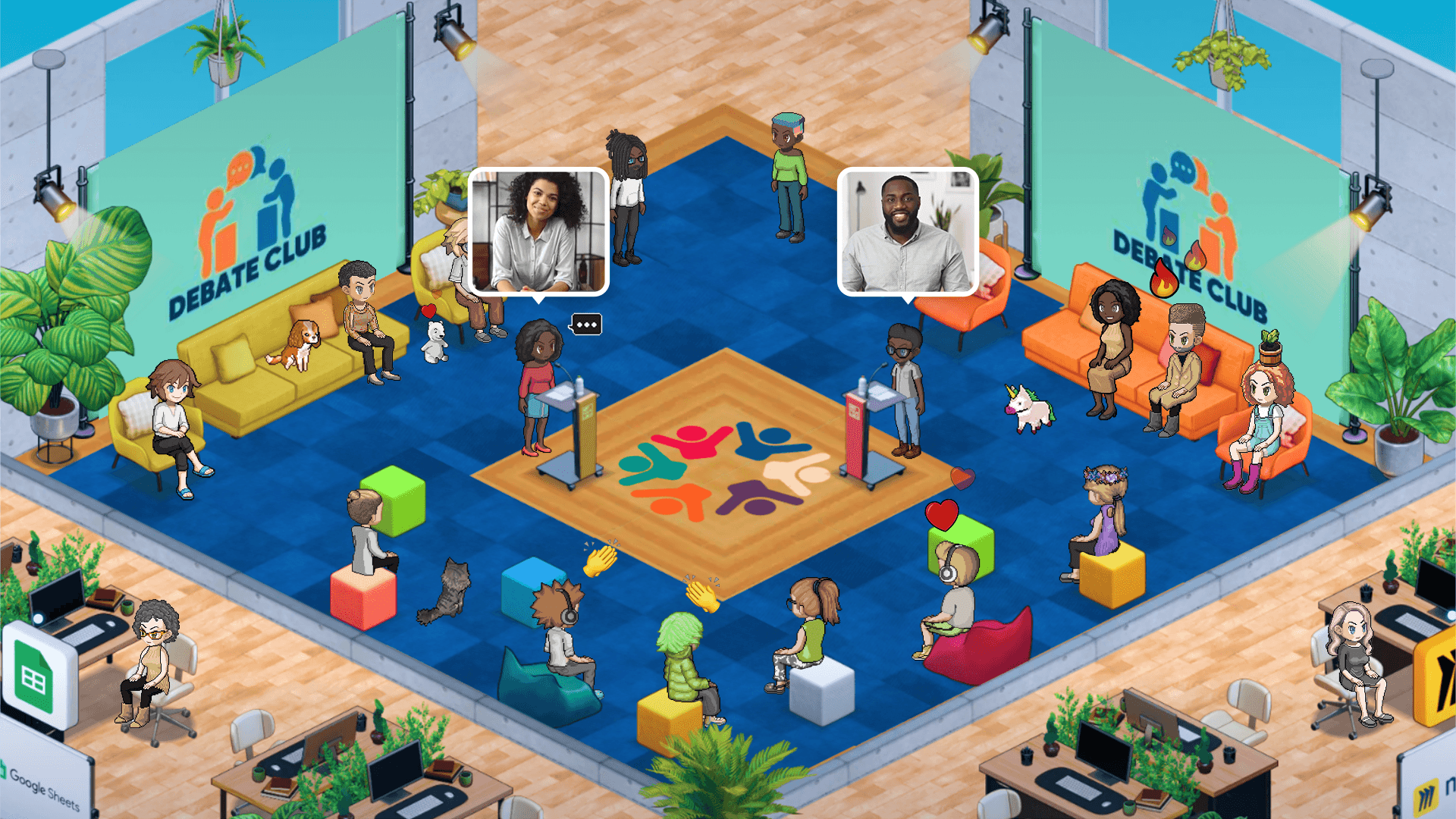 A SoWork virtual office room named "Debate Club" showing team avatars and proximity-based video chat windows, highlighting spontaneous collaboration in a customizable spatial environment.