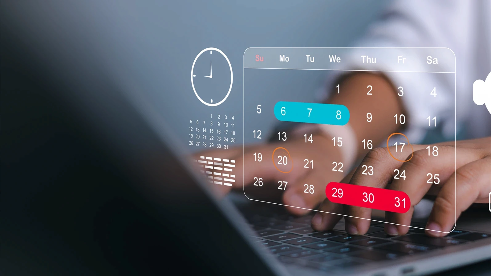 Close up of hands using laptop with digital AI assistant icon and calendar scheduling interface for efficient time management and business automation concept.