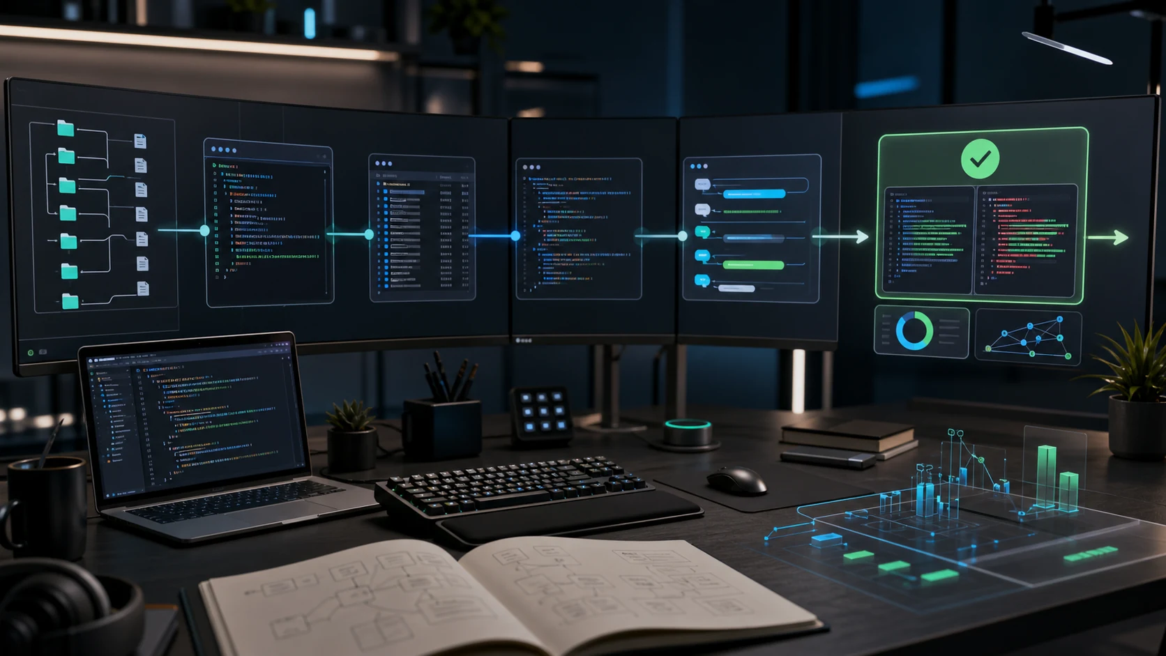 Long coding session timeline with terminal history, project context, and code review