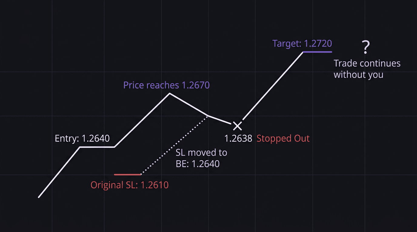 Diagram showing premature break even stop loss being hit before price continues to target