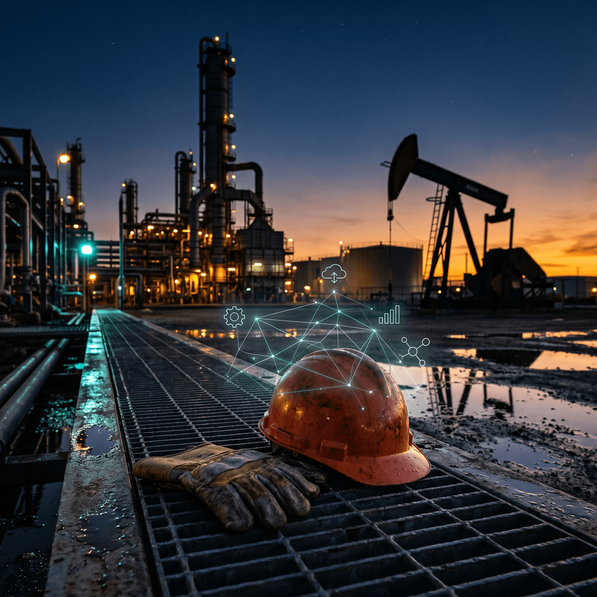 Oil refinery walkway at sunset with active pump jacks and a worker's hardhat resting in the foreground. 