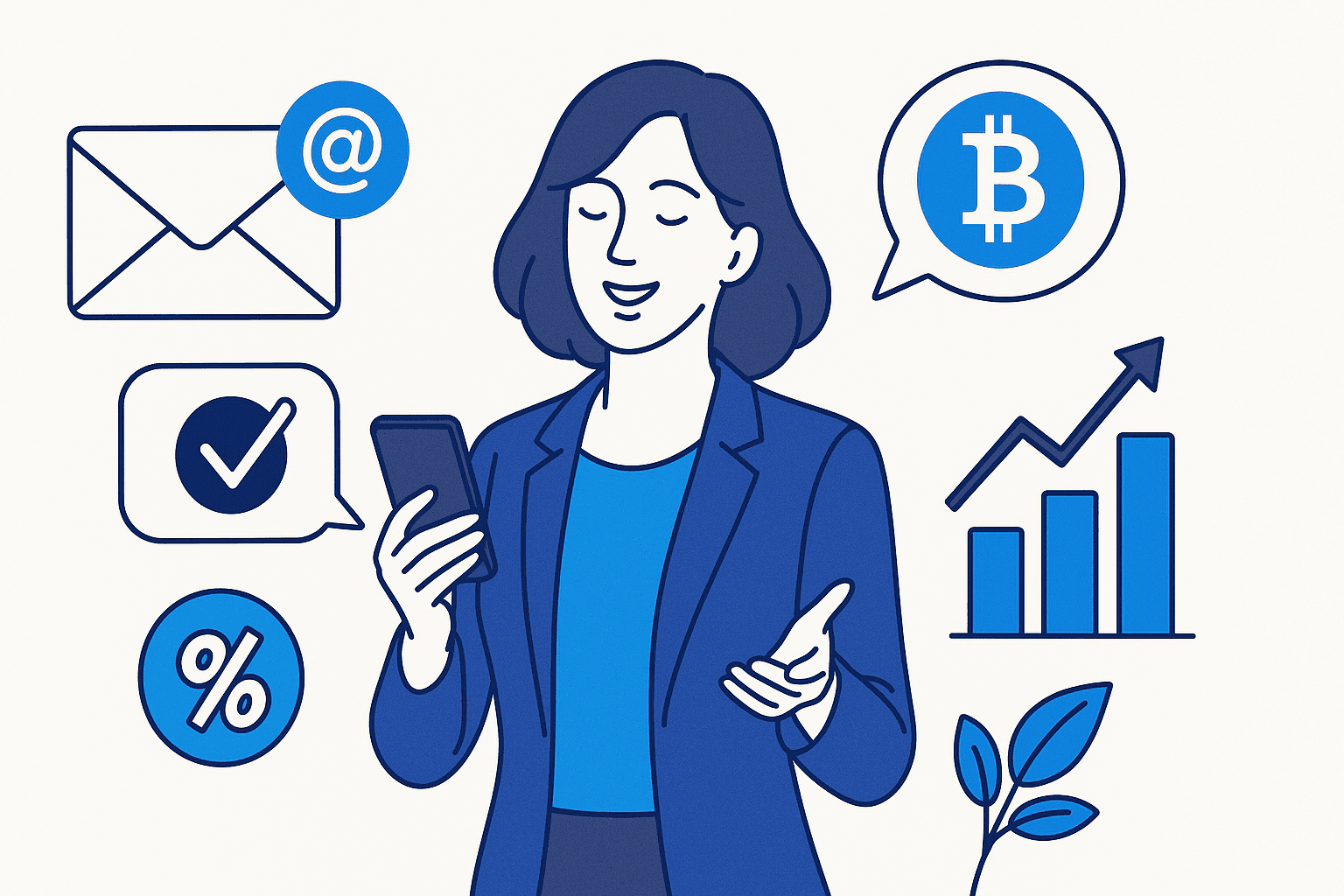 A professional woman holding a smartphone, surrounded by icons representing finance, growth, and communication.