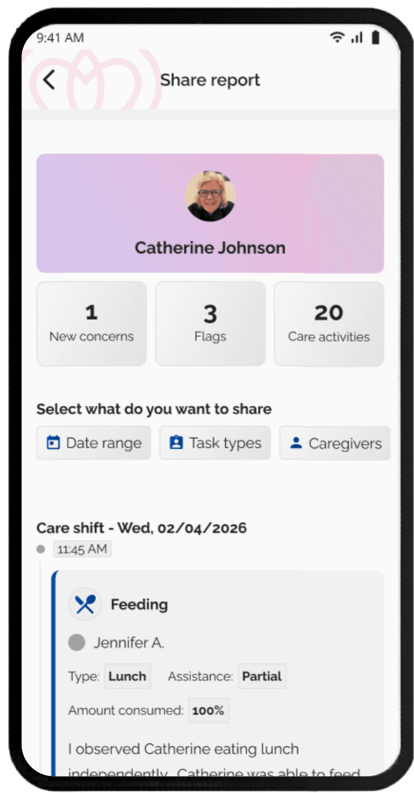 Carespondence app showing the Share Report screen for Catherine Johnson, summarizing 1 new concern, 3 flags, and 20 care activities, with options to filter by date range, task type, and caregiver before sharing.
