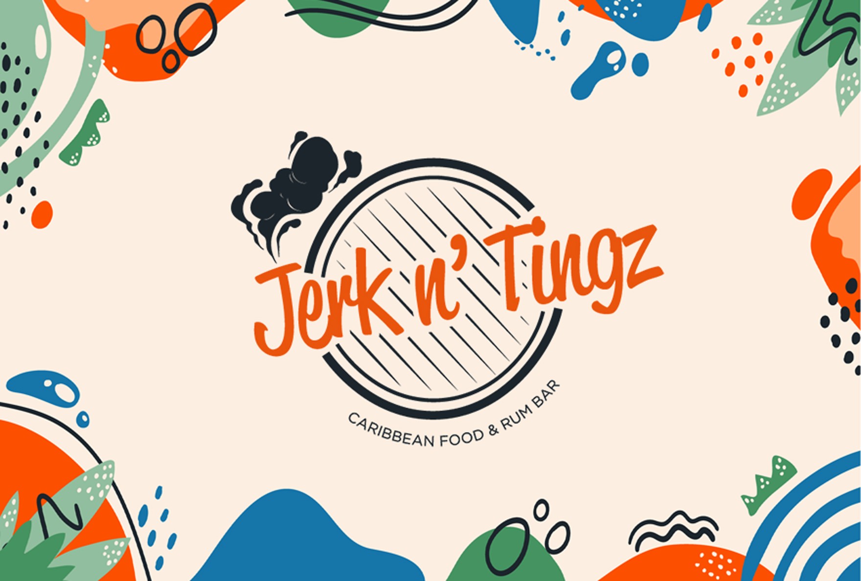 Jerk n’ Tingz logo on a vibrant light orange background with orange, green and blue abstract shapes.