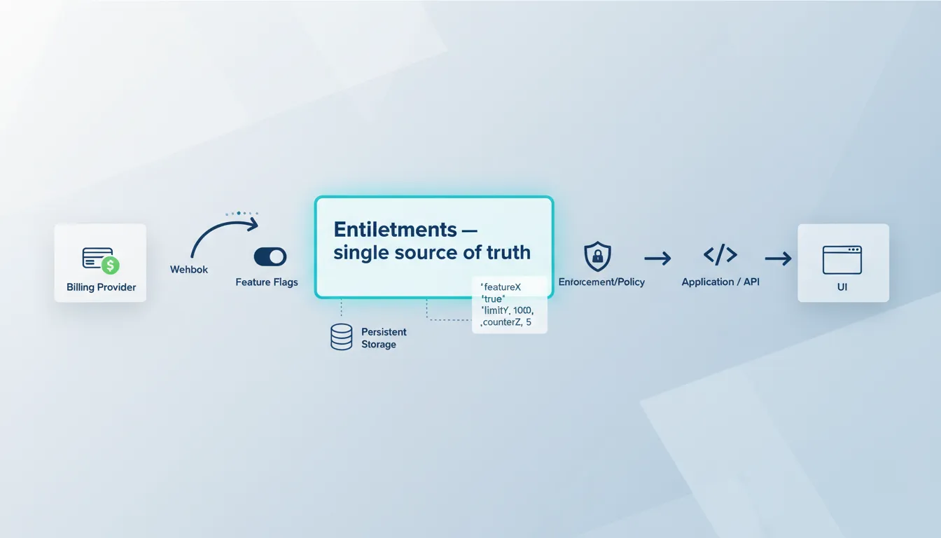 Diagram of a SaaS architecture highlighting a dedicated entitlement layer as the single source of truth between billing and the application