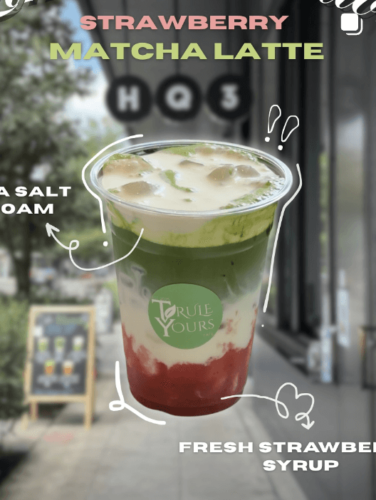 A strawberry matcha from a new popular cafe in Seattle named Trule Yours Cafe