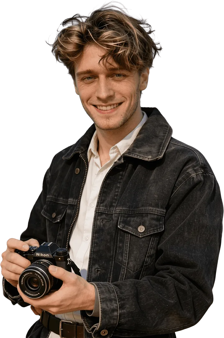 Elian Moreau casually holding a Nikon camera with a relaxed smile, wearing a dark denim jacket
