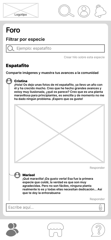 Wireframes de baja fidelidad de las pantallas principales de la app de jardinería