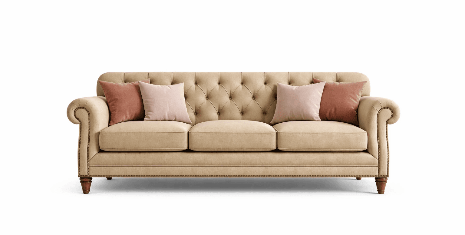 A formal three‑seater with a tufted backrest and a strong, architectural stance.