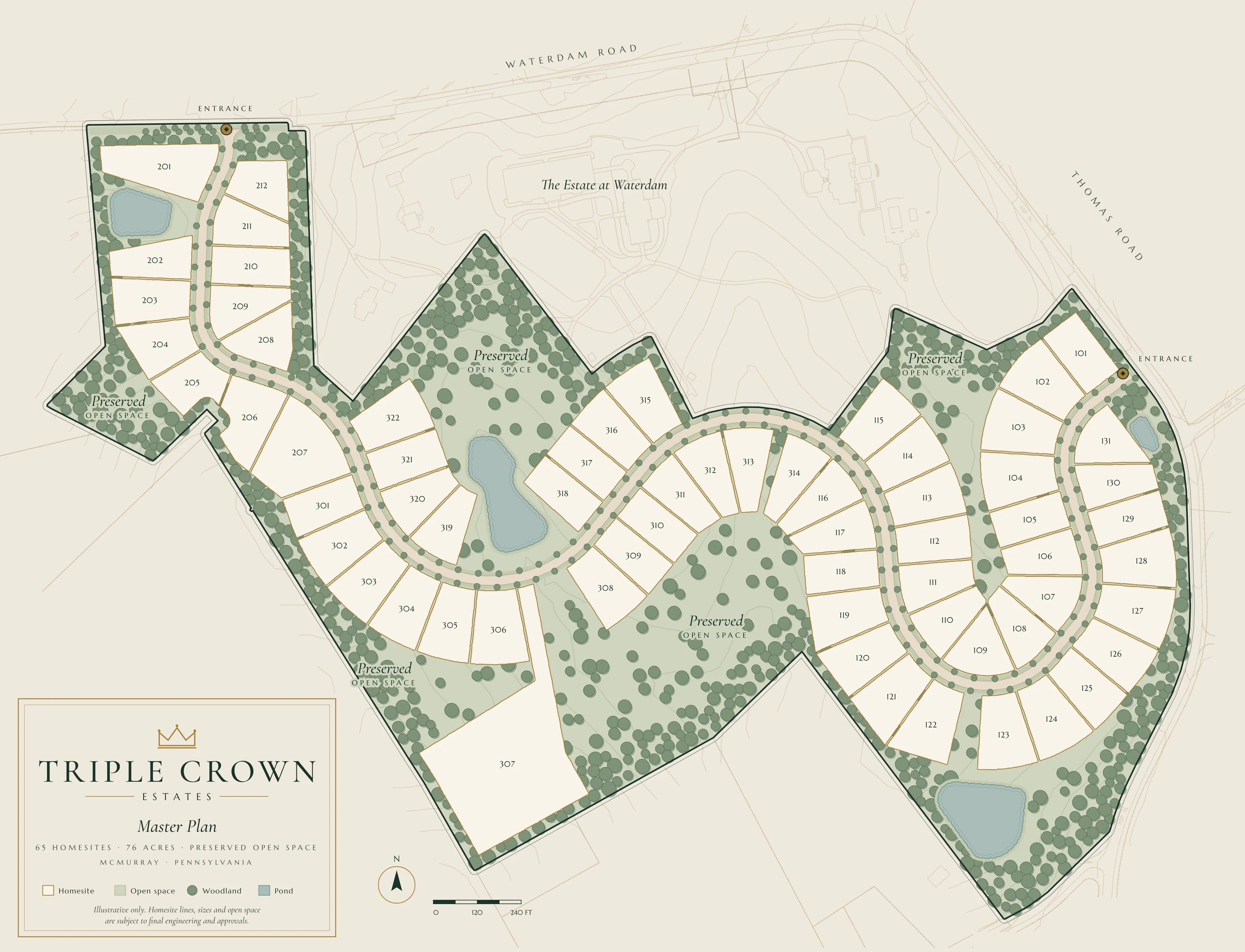 Triple Crown Estates master plan showing 65 homesites along one road with open space.