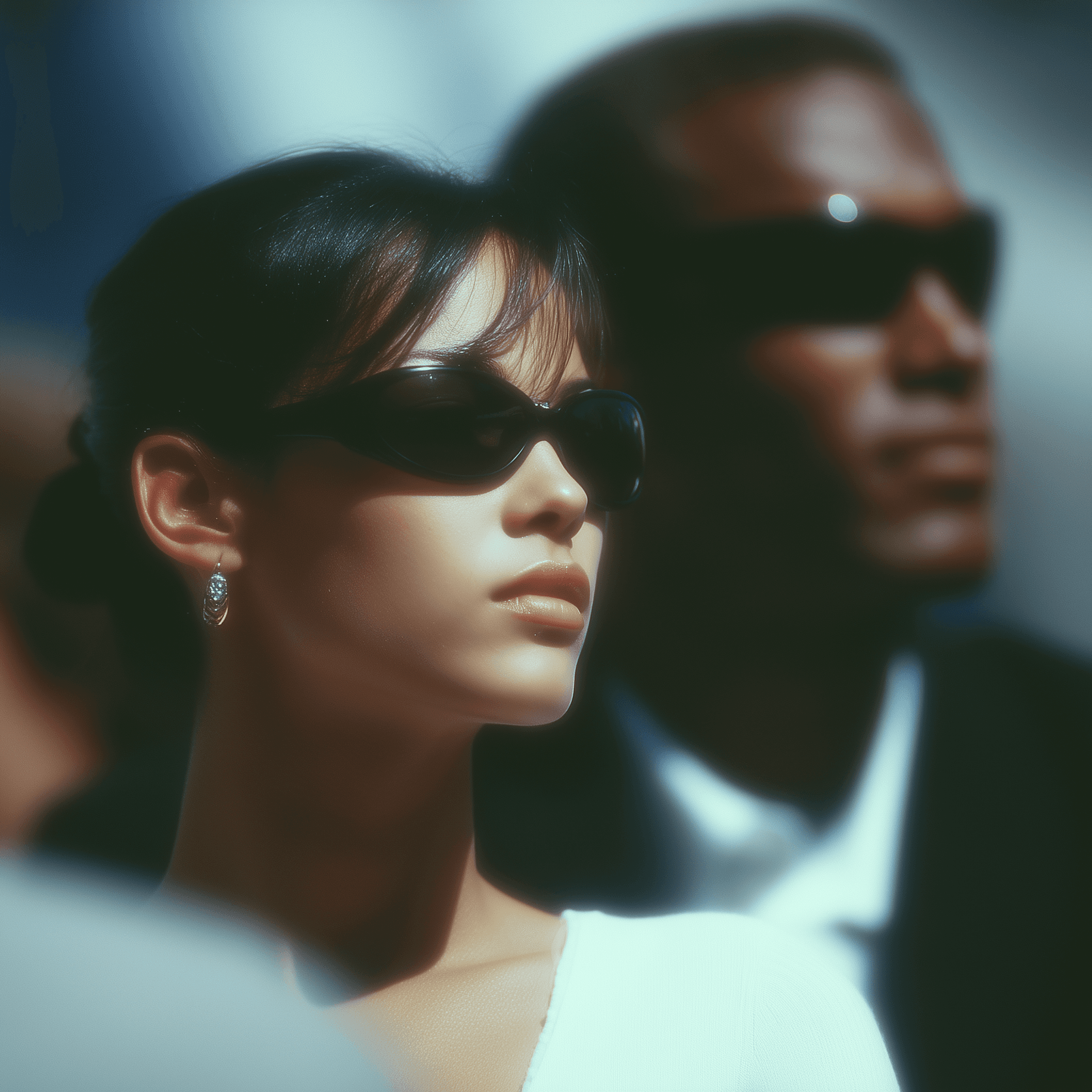 Close-up portrait of a woman in black sunglasses in sharp focus with a blurred male figure behind her