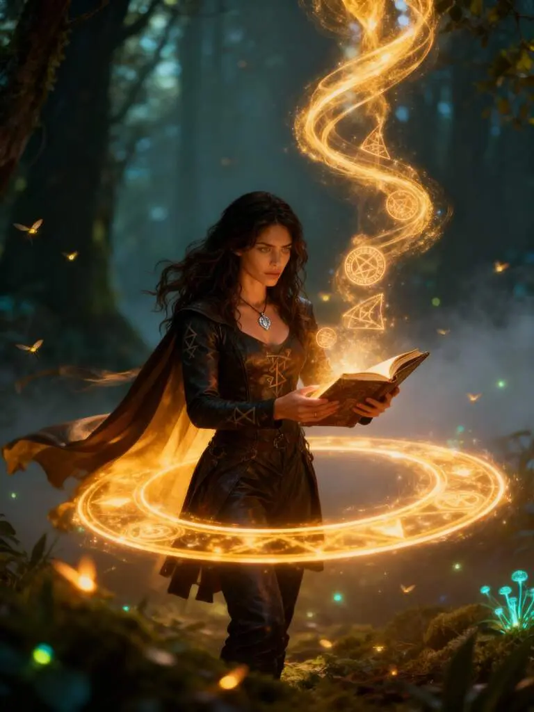 sora2 magical girl casting spell glowing forest