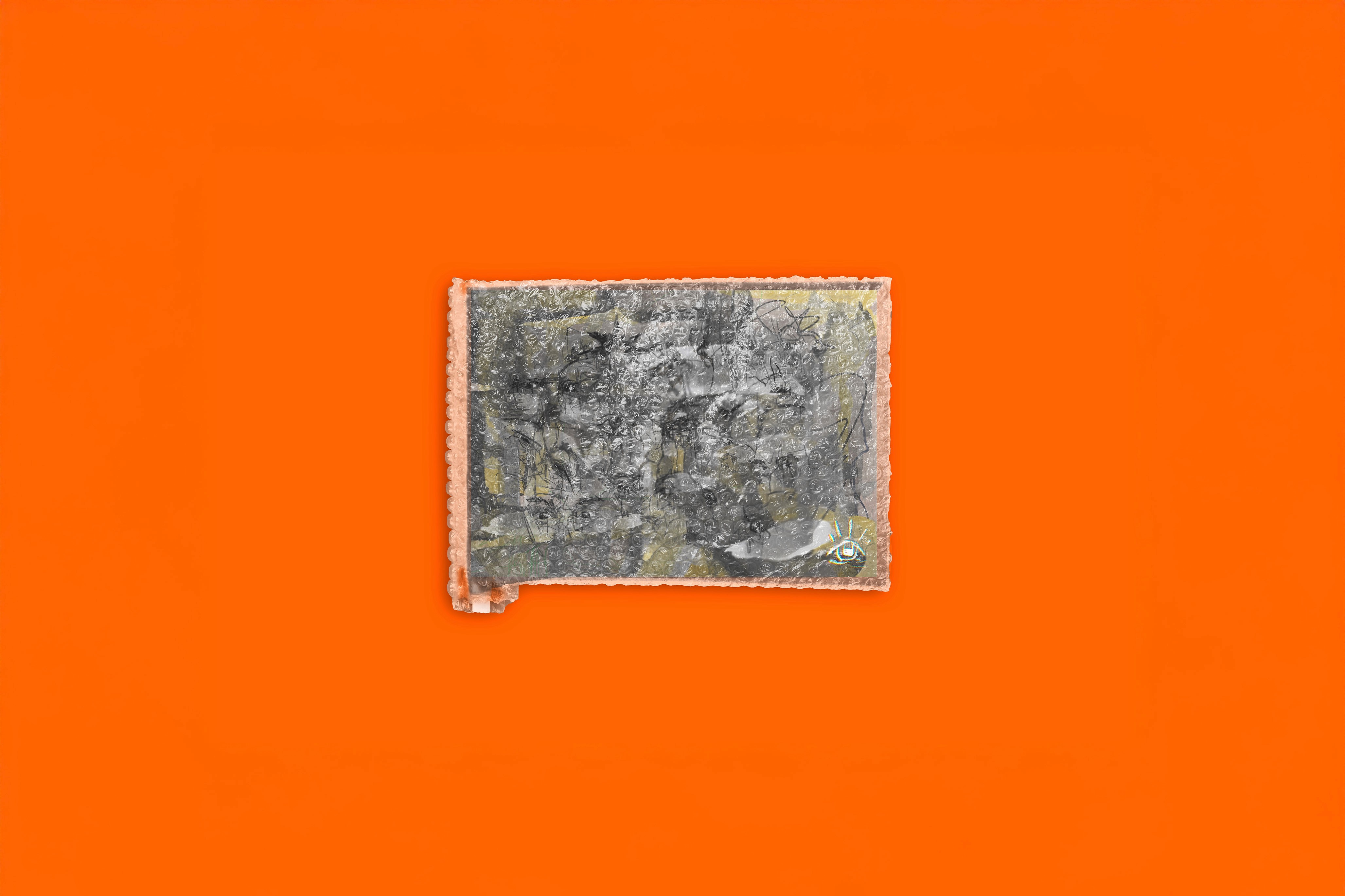 A mixed media artwork wrapped in bubble wrap, partially obscuring abstract black ink and graphite scribbles over a textured canvas. Hints of muted yellow and a small eye icon in the corner emerge through the protective layer, all placed against a striking orange background. The piece speaks to preservation, fragility, and layers of perception.