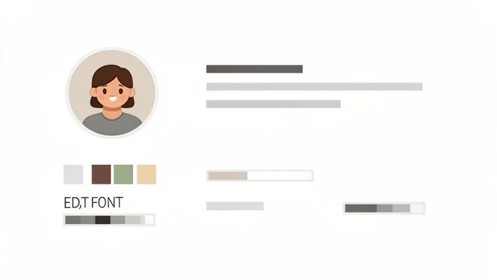 Design-Elemente für eine E-Mail-Signatur: Avatar, Farbpaletten und Textplatzhalter.