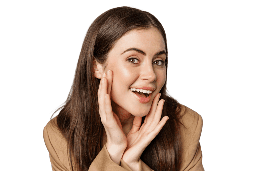 Radiant woman smiling after cosmetic surgery, perfect skin and facial contours