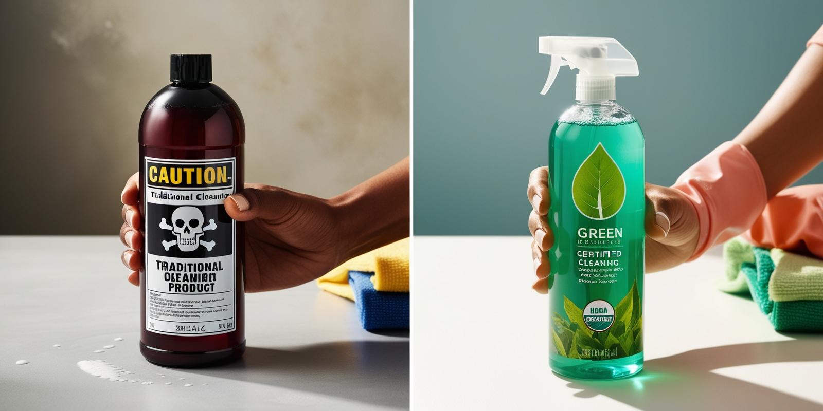 Comparison of conventional chemical cleaners versus eco-friendly cleaning products, highlighting their impact on health and the environment.