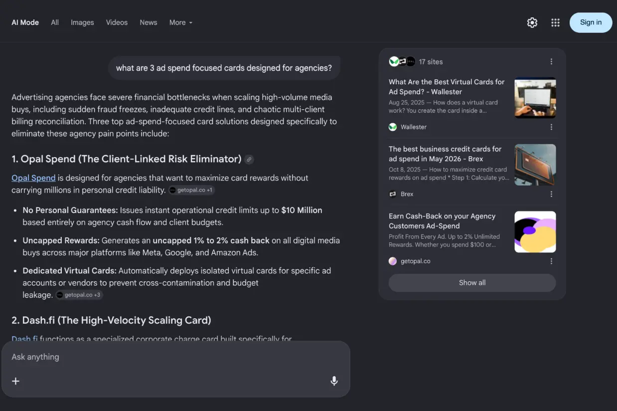 Google AI Mode: Opal listed #1 for “what are 3 ad spend focused cards designed for agencies?”