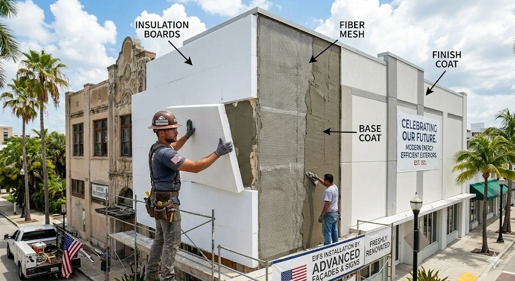 EIFS exterior insulation finish system installation on a Fort Lauderdale building — Planet Construction FL