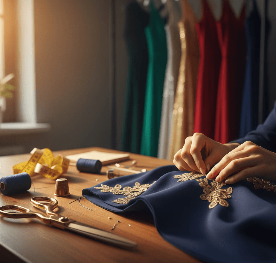 Nahaufnahme einer Person, die goldene Stickereien auf dunkelblauem Stoff anfertigt, mit Nähzubehör auf einem Holztisch und unscharfen Abendkleidern im Hintergrund.