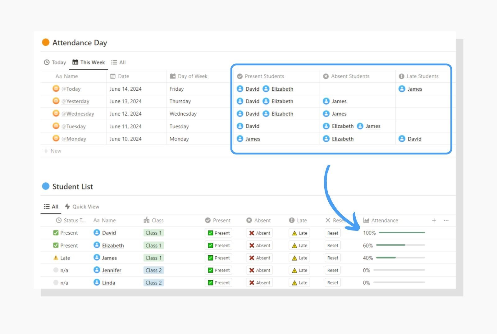 Notion student attendance tracker template